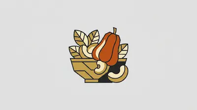 A stylized graphic of a cashew apple and cashew nuts in a bowl with leaves.