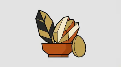 A brown bowl containing a striped feather and faceted crystals, with a round stone leaning against it.