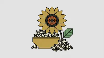 A sunflower stands behind a bowl and a small pile of sunflower seeds.
