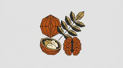 Stylized geometric drawings of a whole walnut, a leafy branch, a cracked walnut shell, and a walnut kernel.