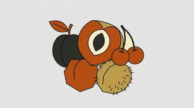 A cluster of stylized fruits including a plum, a sliced peach, cherries, and a rambutan.