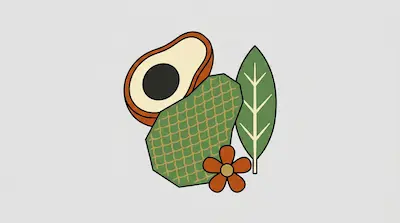 An avocado half, a textured green fruit, a leaf, and a small orange flower.