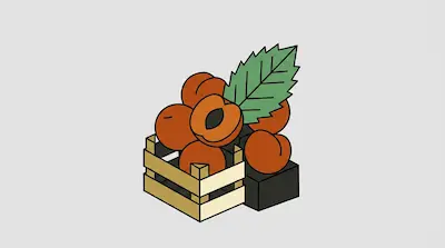 A cluster of apricots, one sliced in half, sits in a small wooden crate with a large green leaf.