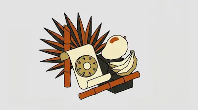 A stylized arrangement of bamboo stalks, a mango, bananas, and a scroll with a circular emblem in front of a fan of dark, pointed leaves.