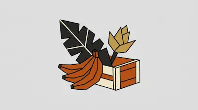 Flat illustration of a wooden crate filled with a bunch of bananas and tropical leaves on a light gray background