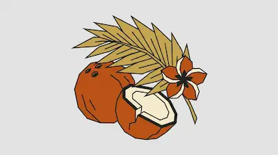 A whole coconut, a halved coconut, a palm frond, and a small flower in a geometric style.