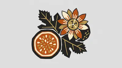 A passion fruit flower, a sliced fruit showing seeds, and jagged leaves in earthy tones.