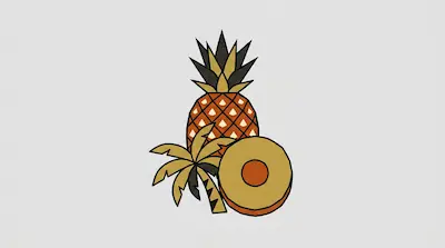 A stylized graphic of a whole pineapple, a small palm tree, and a pineapple slice.