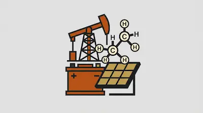 An oil pump jack, a hydrocarbon molecule, a battery, and a solar panel.