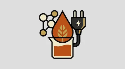 A beaker containing orange liquid is surrounded by a molecular structure, a large drop with a leaf icon, and an electrical plug with a lightning bolt.