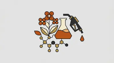 A stylized graphic featuring a flower, a laboratory flask, a fuel nozzle, and a molecular structure.