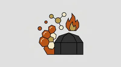 A dark grey dome-shaped structure is surrounded by a flame, a molecular model, and a cluster of orange and tan hexagonal shapes.