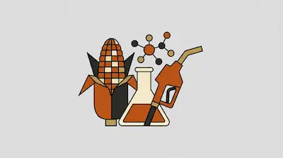 A corn cob, a chemical molecule, a laboratory flask, and a fuel pump nozzle are grouped together.