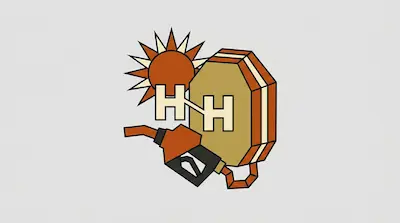A sun, a gas pump nozzle, and an octagonal shape with two connected H letters.