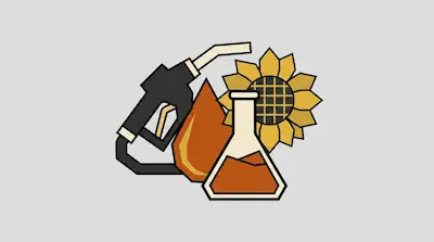 A gas pump nozzle, a large drop of amber liquid, a sunflower, and a laboratory flask.