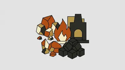 A collection of stylized icons including angular orange rocks, a fire, a dark grey furnace, and a pile of black cubes.