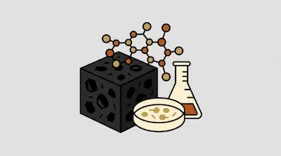 A black porous cube, a molecular structure, a laboratory flask, and a petri dish.