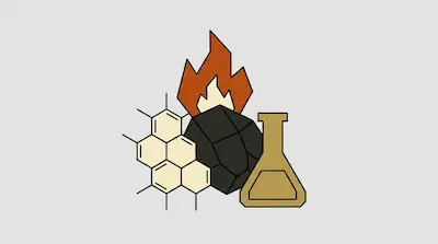 A flame, a piece of coal, a hexagonal chemical structure, and a laboratory flask.