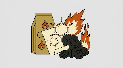A brown bag with flame icons, a pile of charcoal briquettes, a chemical diagram, a molecular model, and stylized flames.