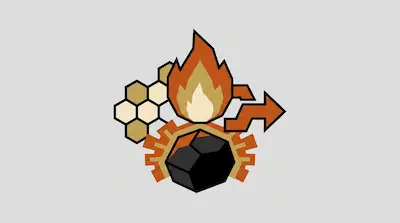 A stylized graphic featuring a honeycomb, a flame, and a piece of coal inside a gear, with an arrow pointing to the right.