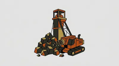 A tracked drilling machine and a tall mining tower stand next to a pile of ore.