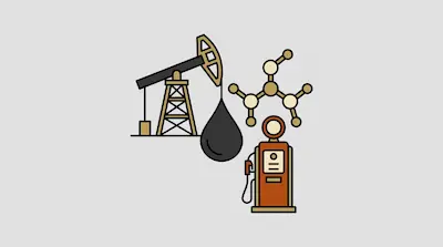 An oil derrick, a large black drop, a chemical molecule, and a gas pump.