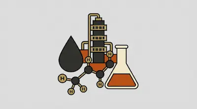 A stylized graphic featuring an oil drop, a distillation tower, a molecular structure, and an Erlenmeyer flask.