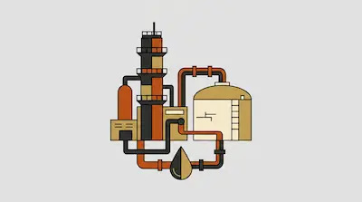 A stylized industrial facility with a tall tower, storage tank, and pipes connected to a large oil drop.
