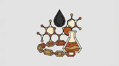 A black oil drop, molecular structures, an Erlenmeyer flask, and a chain of hexagonal links.