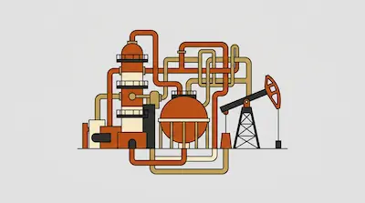 A stylized illustration of an industrial facility featuring a distillation tower, a spherical storage tank, and an oil pumpjack connected by a network of pipes.