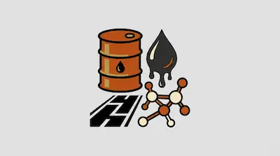 An orange oil drum, a black oil drop, a road icon, and a molecular structure.