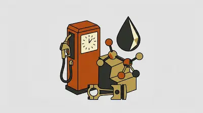 A vintage orange gas pump with a clock face stands next to a large oil drop, a molecular model, and a mechanical piston.
