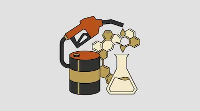 A gas pump nozzle, an oil drum, and a chemical flask are arranged with a molecular structure.