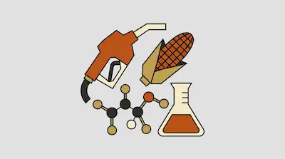A gas pump nozzle, an ear of corn, a molecular model, and an Erlenmeyer flask.