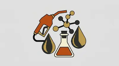 A gas pump nozzle, a molecular structure, two oil drops, and a laboratory flask.