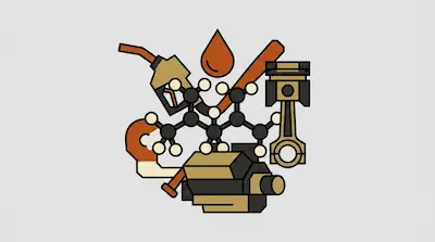 A cluster of stylized icons including a fuel nozzle, a piston, an engine block, and a molecular model.