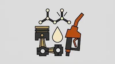 A collection of icons including a molecular structure, an engine piston, a liquid droplet, and a fuel pump nozzle.