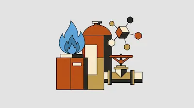 A blue flame, an industrial tank, a molecular structure, and a pipe with a valve wheel in a geometric style.