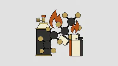 A gas canister, a molecular model, and a lighter with orange flames.