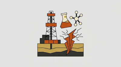 An oil derrick, a laboratory flask, a molecular model, and a cracked earth formation.