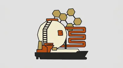A large spherical tank with a ladder sits on a ship hull next to a winding orange pipe and a cluster of hexagons.