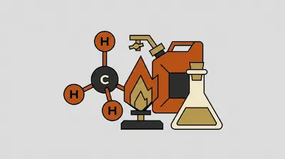 A methane molecule, a lit Bunsen burner, a fuel canister, and an Erlenmeyer flask.