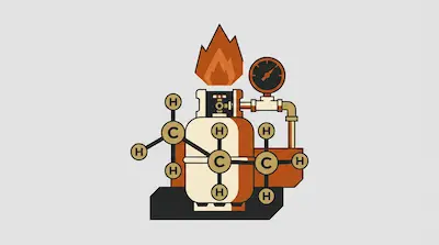 A gas cylinder with a flame on top and a pressure gauge, overlaid with a chemical diagram of a propane molecule.