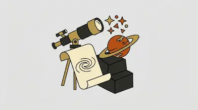 Flat illustration of a telescope on a tripod next to a scroll with a galaxy and a ringed planet on a grey background