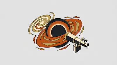Flat illustration of a telescope pointed at a black hole and a spiral galaxy against a plain light grey background