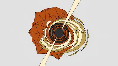 Flat illustration of a black hole with a swirling orange accretion disk and light beams on a light gray background