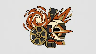 Flat illustration of a stylized astronaut helmet with a film reel and a swirling orange galaxy on a gray background