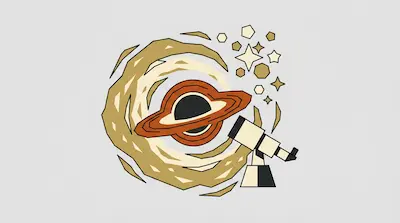 Flat illustration of a telescope pointed at a black hole with an orange accretion disk and swirling cosmic dust clouds