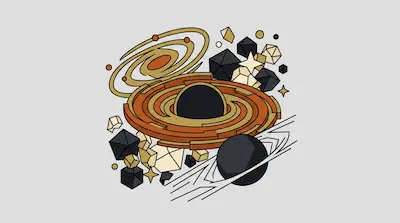 Flat illustration of a black hole surrounded by orange rings, geometric crystals, and stars on a light gray background