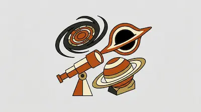 Flat illustration of a telescope, a ringed planet, and a spiral galaxy in orange and black on a light background